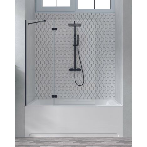 Mampara Bañera Fijo de Ducha + 1 Puerta Abatible  Vidrio Templado 6mm Antical Transparente  150cm Altura  50+70cm Perfil Negro Mate