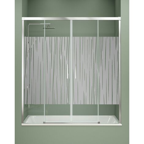 Mampara Bañera Frontal 2 Puertas - 2 Fijos Corredera  Cristal Templado 6mm Antical Serigrafía  Perfil Cromo Brillo  165 cm (Adaptable 159-164cm)