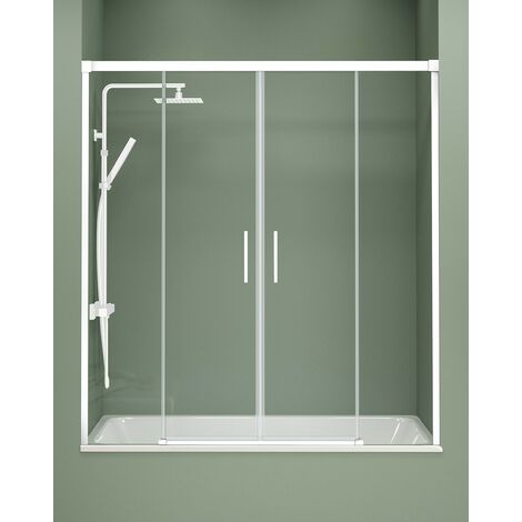 Mampara Bañera Frontal 2 Puertas - 2 Fijos Corredera  Cristal Templado 6mm Antical Transparente  Perfil Blanco Mate 150 cm (Adaptable 144-149cm)