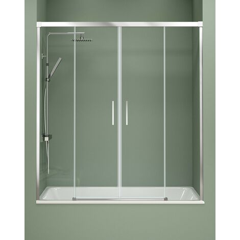 Mampara Bañera Frontal 2 Puertas - 2 Fijos Corredera  Cristal Templado 6mm Antical Transparente  Perfil Cromo Brillo 160 cm (Adaptable 154-159cm)