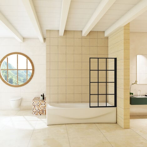 DUCHA CASA Mampara de bañera abatible una hoja marco aluminio negro mate, 6mm cristal templado, serigrafía negra, 140x80cm