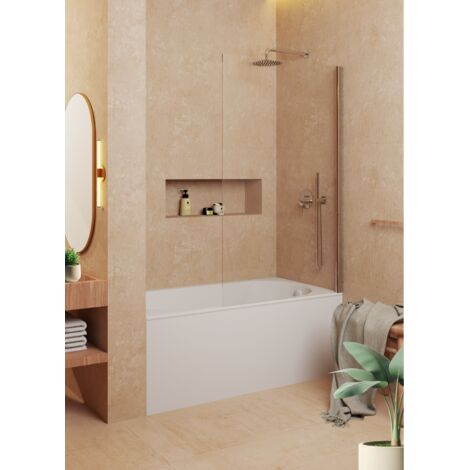 Mampara de bañera frontal panel fijo - Transparente - Cristal templado 8 mm Antical - Perfil cromo - Incluye brazo sujeción - H= 90 cm - Alto 150 cm