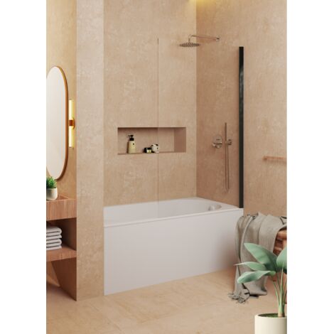 Mampara de bañera frontal panel fijo - Transparente - Cristal templado 8 mm Antical - Perfil Negro - Incluye brazo sujeción - H= 90 cm - Alto 150 cm