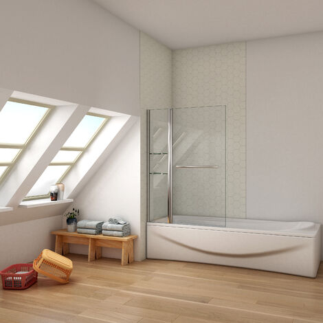 Mampara de bañera plegable 2 hojas un toallero dos estantes, 6mm cristal templado, 100x140cm