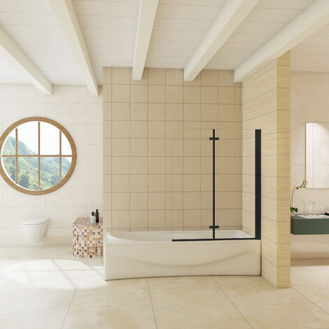 Mampara de bañera plegable con bisagra 2 hojas sin marco exterior, 6mm cristal templado antical, perfil negro mate, 140x120cm