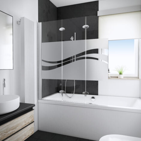 Mampara de bañera plegable, cristal de 5 mm, Mampara de bañera Schulte, Mampara de bañera giratoria, serigrafía liana, perfil cromado, 3 paneles 125 x 140 cm