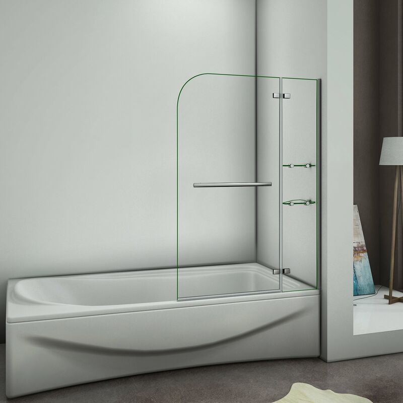 

Mampara de Cristal para Ducha, Panel Doble con pivote de 180°, Grosor de 5 mm, con Colgador de Toalla y Estante 90x140cm