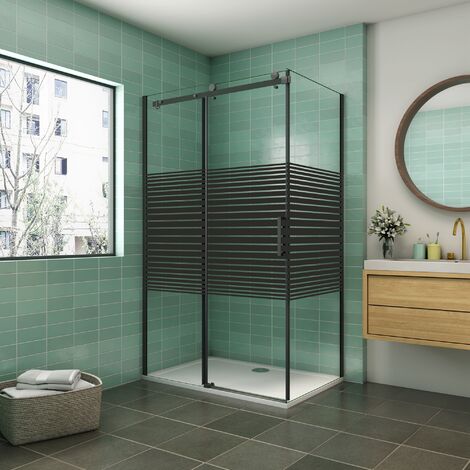 Mampara de Ducha 120x70x200cm corredera con Panel Lateral PERFIL NEGRO MATE Vidrio templado Serigrafiado 8 MM Antical