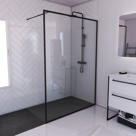 Mampara de ducha 140x200 + plato a suelo 140x90cm –marco y barra negro mate