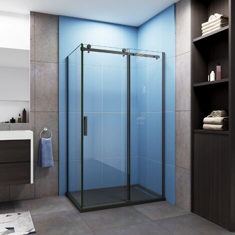 Mampara de Ducha 140x80x200cm corredera con Panel Lateral PERFIL NEGRO MATE Vidrio templado 8 MM Antical
