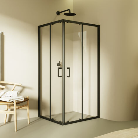 Mampara de ducha 90x90x200 cm DIANA, reversible, puertas correderas, ajuste 87.5-89.5 x 87.5-89.5 cm, perfiles negro mate, cristal transparente 6 mm