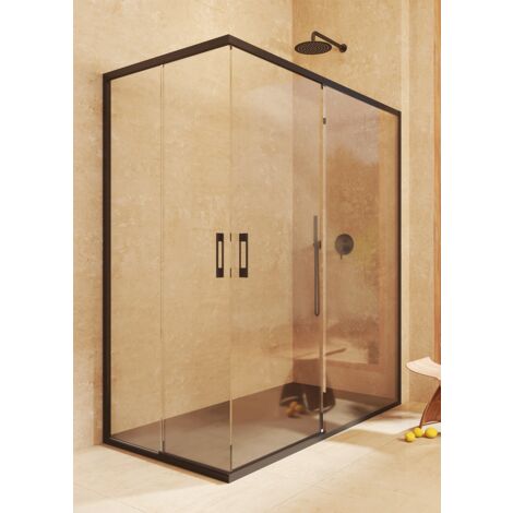 MAMPARA DUCHA ANGULAR 2 CORREDERAS + 2 FIJOS SIN PERFIL INFERIOR - ANTICAL - NEGRO MATE