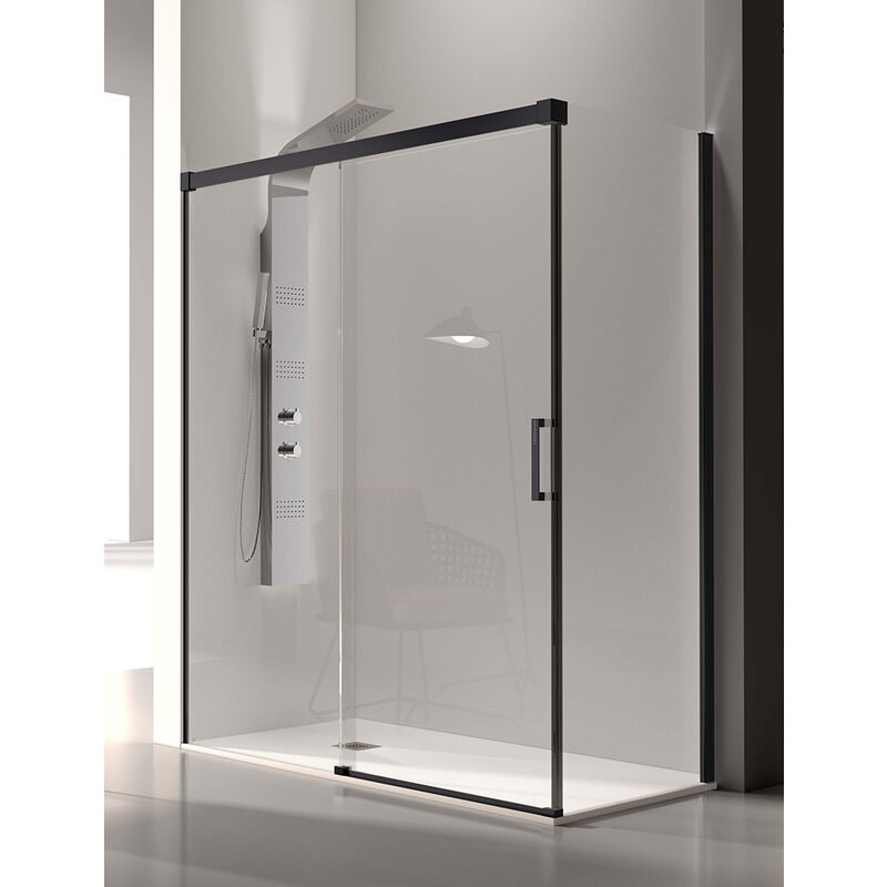 

Mampara de Ducha Angular- 2 Hojas Fijas y 1 Puerta Corredera- Cristal de Seguridad de 6/8 mm - Modelo Glase Q3 BN (128 - 132 x70 cm) - LACADO NEGRO