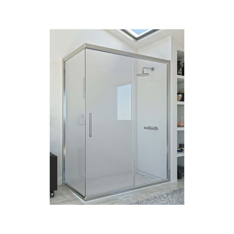 

Mampara de ducha angular de 2 hojas fijas y 1 puerta corredera. - Cristal 6 mm con ANTICAL INCLUIDO - Modelo DAMARA Medida (70 X 160) - CRISTAL