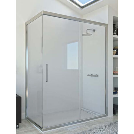 Mampara de ducha angular de 2 hojas fijas y 1 puerta corredera. - Modelo DAMARA