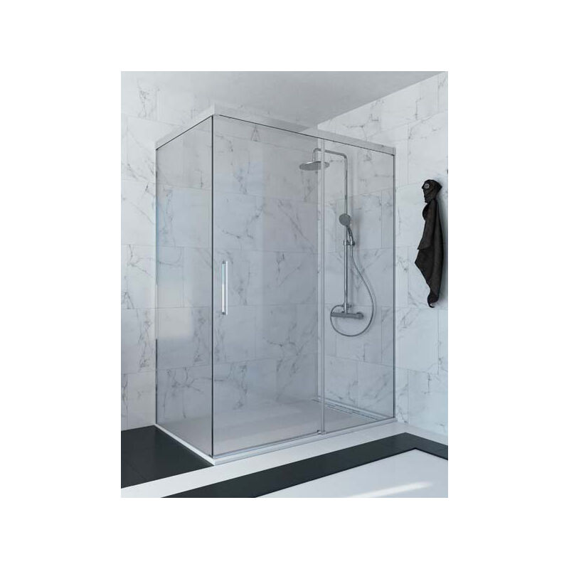 

Mampara de ducha angular de 2 hojas fijas y 1 puerta corredera. - Cristal 6 mm con ANTICAL INCLUIDO - Modelo RIMO Medida (80 X 120) - CRISTAL