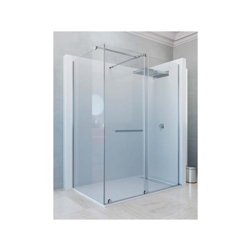 

Mampara de ducha angular de 2 hojas fijas y 1 puerta corredera. - Cristal 8 mm con ANTICAL INCLUIDO - Modelo IRATI Medida (80 X 140) - CRISTAL