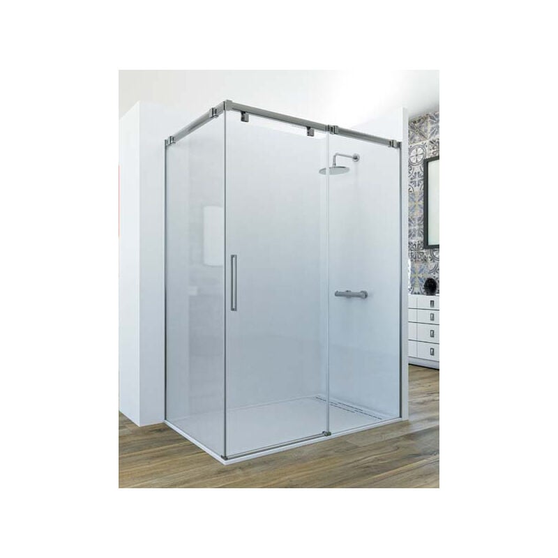 

Mampara de ducha angular de 2 hojas fijas y 1 puerta corredera. - Cristal tratamiento ANTICAL INCLUIDO - Modelo LUMIERE Medida (90 X 90) - CRISTAL