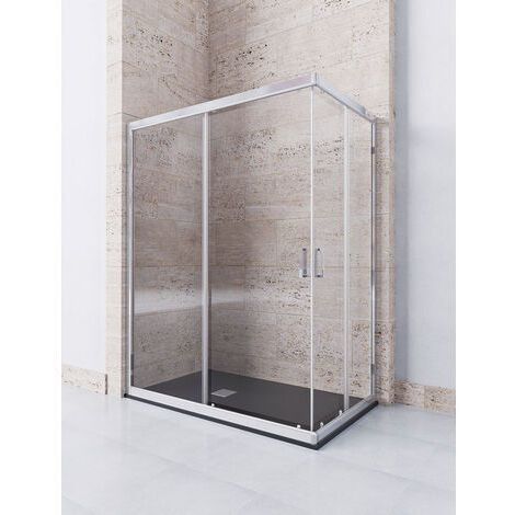 Mampara de ducha angular de 2 hojas fijas y 2 puertas correderas. - Cristal 6 mm con ANTICAL INCLUIDO - Modelo DIÓN Medida (70 X 80) - TRANSPARENTE