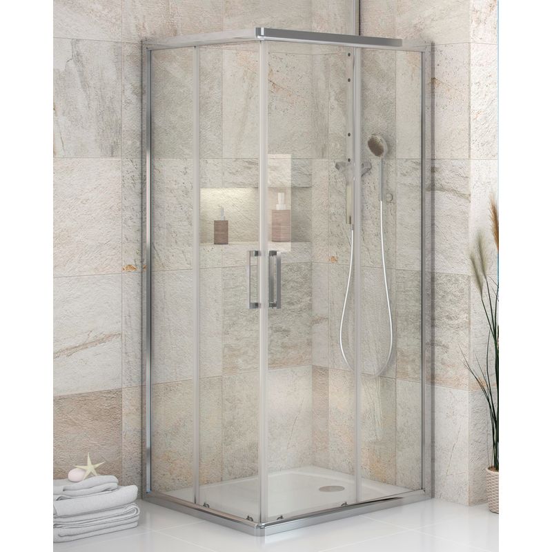 

Mampara de ducha angular de 2 hojas fijas y 2 puertas correderas- Cristal de seguridad 6 mm - Modelo FRESH Q de 70 x 80 cm - DECORADO 'D'