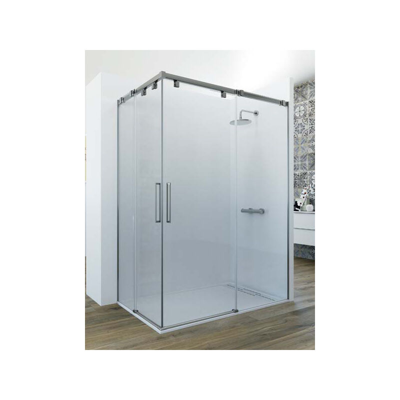 

Mampara de ducha angular de 2 hojas fijas y 2 puertas correderas. - Cristal tratamiento ANTICAL INCLUIDO - Modelo GAMMA Medida (90 X 140) - CRISTAL