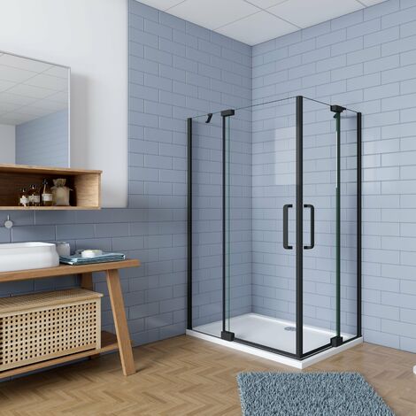 Mampara de ducha Angular,100x100x195cm, con antical,perfilería negra mate,estilo industrial,Cristal templado de 8 mm,incluye barra de soporte 30 cm