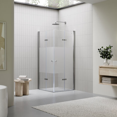Mampara de Ducha Emma 100x90x190cm -NO REVERSIBLE- Puerta plegable, Ajuste 98,5-100,5x88,5-90,5cm - Perfiles Cromados, Cristal parcial satinado 6mm