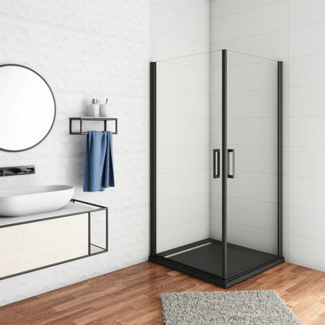 Mampara de ducha esquina, puerta abatible, dos puerta giratoria, perfiles negro mate, vidrio de templado seguridad, antical, transparente de 8mm 90X80X200cm