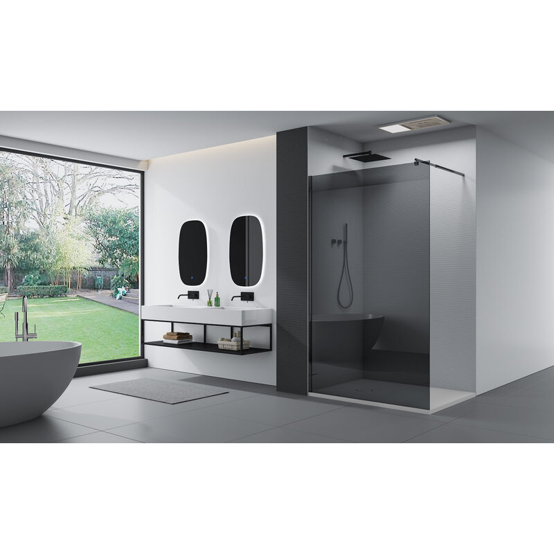 Mampara de ducha fija Walk-In - EX101 negro - con cristal gris nano de 8 mm - anchura seleccionable :1100mm