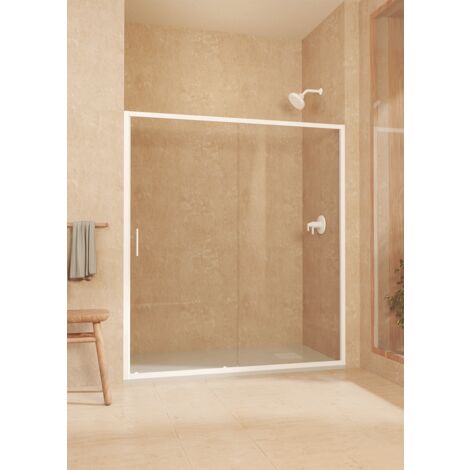 Mampara de ducha frontal corredera + fijo, con perfil inferior, Vidrio de seguridad 6mm antical, 160 a 165cm x 195cm alto, Blanco