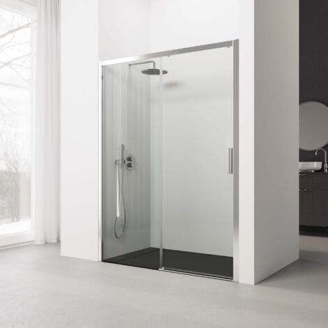 Mampara de ducha frontal corredera reversible - 160-164 cm. Altura: 195 cm - Perfil Plata Alto Brillo- Vidrio templado 6 mm Transparente - Antical