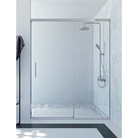 Mampara de ducha frontal de 1 hoja fija y 1 puerta corredera. - Cristal 6 mm con ANTICAL INCLUIDO - Modelo SIA Medida (111-120) - TRANSPARENTE