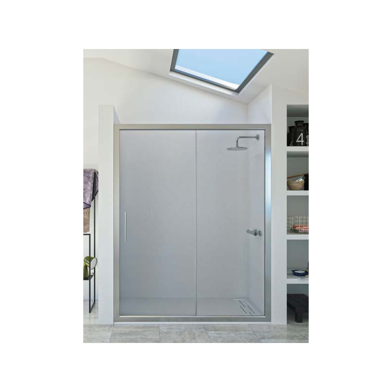 

Mampara de ducha frontal de 1 hoja fija y 1 puerta corredera. - Cristal 6 mm con ANTICAL INCLUIDO - Modelo DORA Medida (141-150) - CRISTAL DECORADO 21