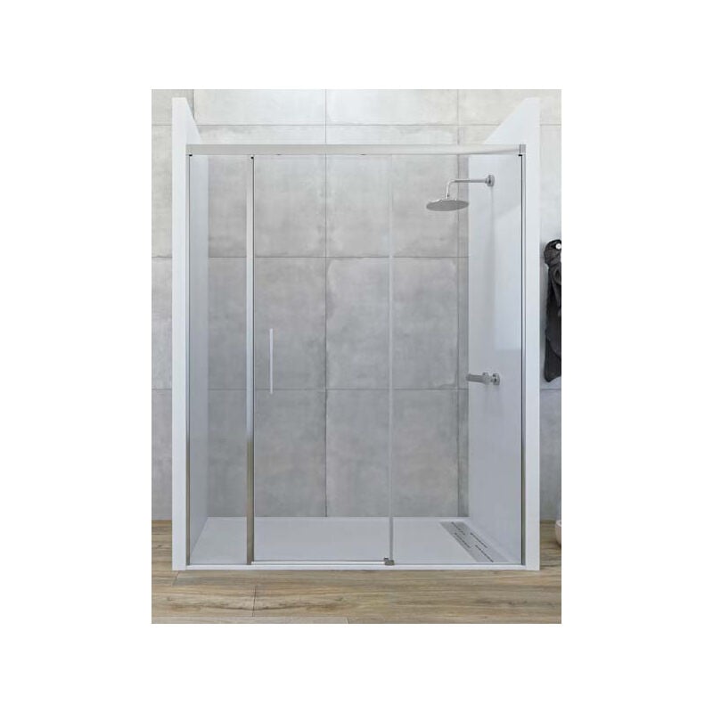 

Mampara de ducha frontal de 2 hojas fijas y 1 puerta corredera. - Cristal 6 mm con ANTICAL INCLUIDO - Modelo CENTAURO Medida (141-150) - CRISTAL