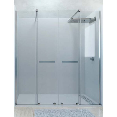 Mampara de ducha frontal de 2 hojas fijas y 2 puertas correderas. - Cristal 8 mm con ANTICAL INCLUIDO - Modelo TILOS Medida (121-130) - TRANSPARENTE