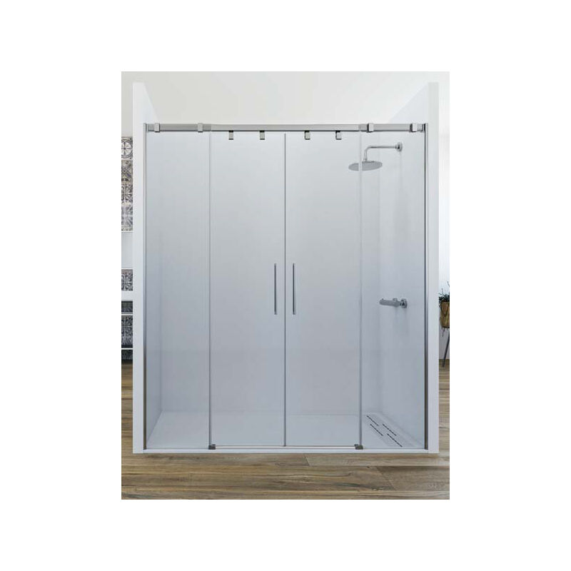 

Mampara de ducha frontal de 2 hojas fijas y 2 puertas correderas. - Cristal tratamiento ANTICAL INCLUIDO - Modelo ARWEN Medida (121-130)