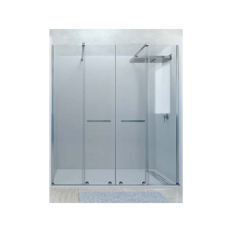 

Mampara de ducha frontal de 2 hojas fijas y 2 puertas correderas. - Cristal 8 mm con ANTICAL INCLUIDO - Modelo TILOS Medida (181-190) - CRISTAL