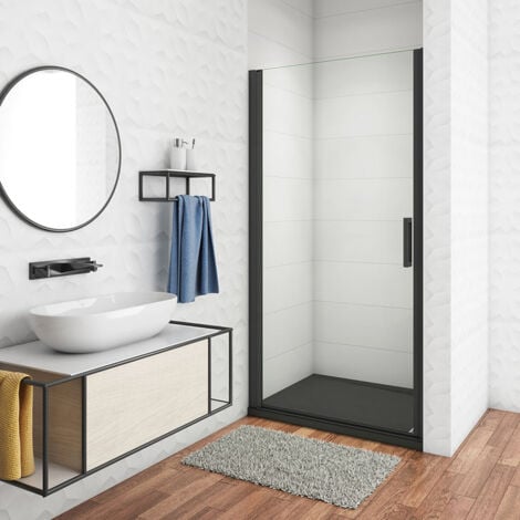 Mampara de ducha Frontal, Mampara abatible, una puerta giratoria, perfiles negro mate, vidrio de templado seguridad, antical, transparente de 8mm 90X200cm