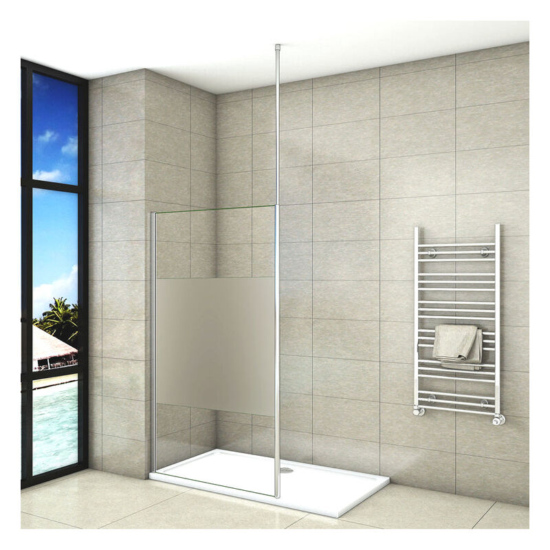 

Mampara de ducha Panel Fijo con Barra a Techo, Cristal Templado Esmerilado Parcial Antical 8mm, 140x200cm
