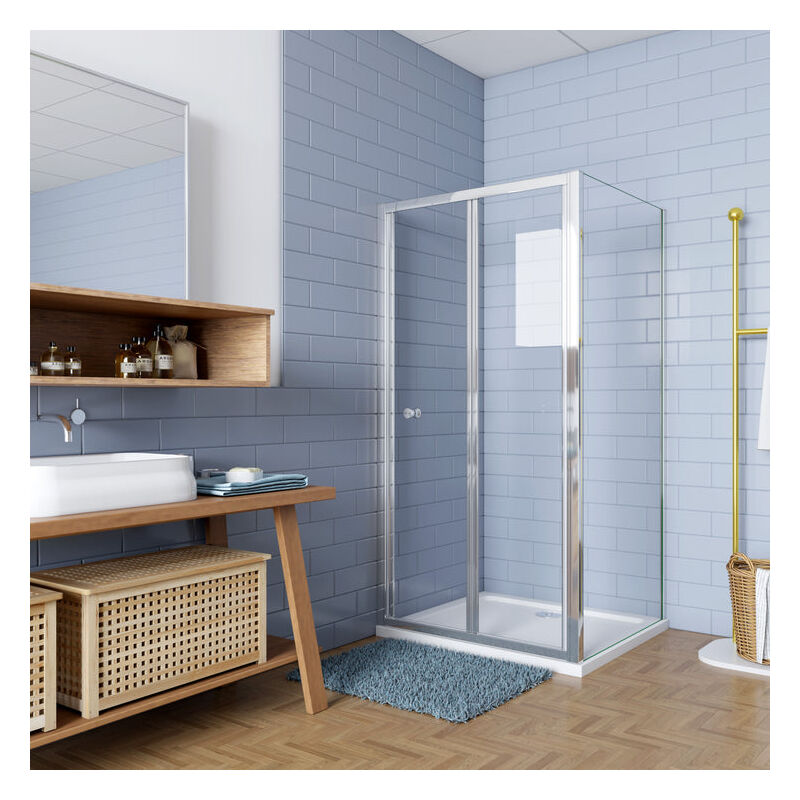 

Mampara de Ducha Plegables ,frontal 2 hojas plegables + panel fijo lateral Cristal Templado 5mm 80x70x185cm