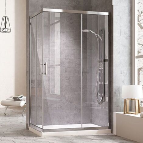 Mampara de ducha rectangular con cierre en ángulo. 2 puertas correderas y dos laterales fijos a los lados. Cristal transparente perfíl cromo 80X110CM