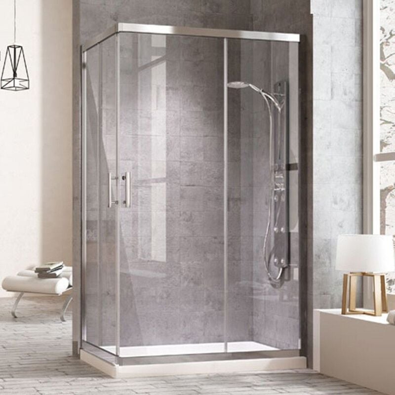 

Mampara de ducha rectangular con cierre en ángulo. 2 puertas correderas y dos laterales fijos a los lados. Cristal transparente perfíl cromo 90X100CM