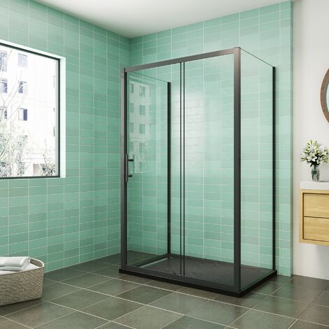 Mampara de Ducha Rectangular con Paneles Laterales Puerta Corredera Cristal Templado 5 MM Perfil Negro Mate 120x70x70x185CM