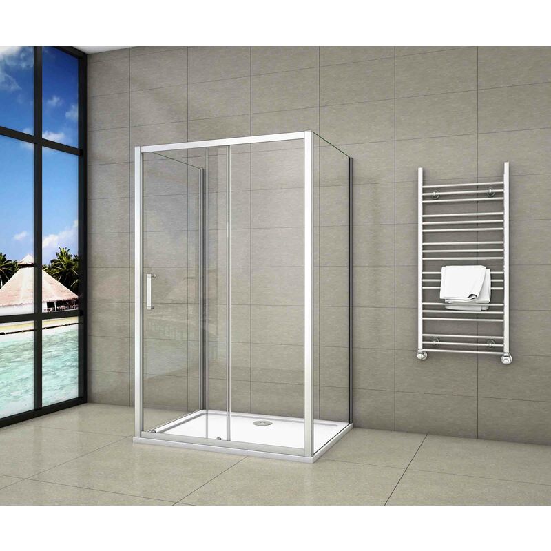 

110x70x70x185cm Mampara de ducha,frontal hojas correderas + dos panel fijo lateral Cristal Templado 5mm