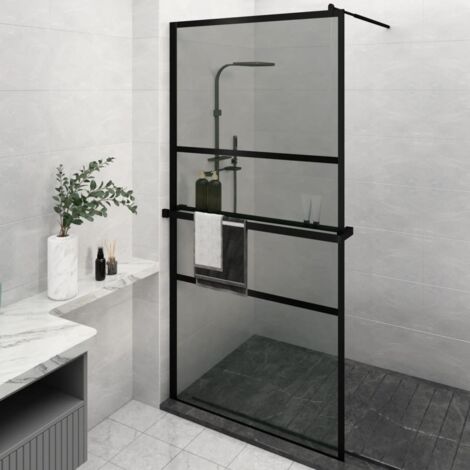 Mampara ducha con estante vidrio ESG y aluminio negro 115x195cm