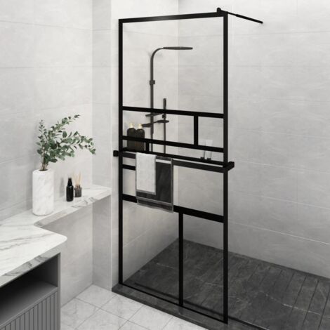 Mampara ducha con estante vidrio ESG y aluminio negro 90x195 cm vidaXL