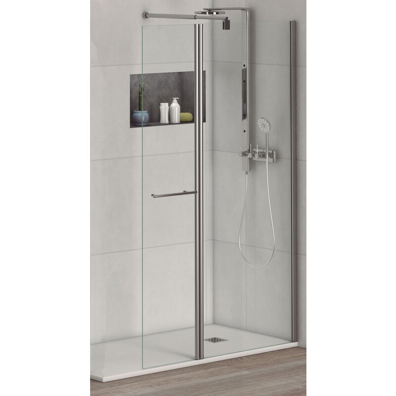 

Mampara Ducha con Frontal Fijo 80cm y Puerta Abatible 40cm. Soporte a la Pared de INOX extensible de 60-100cm. Cristal 6mm.