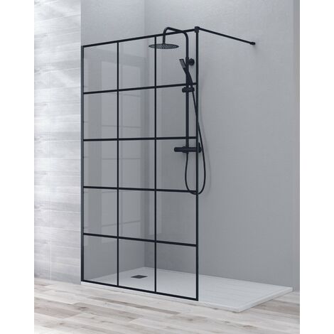 Mampara Ducha Fijo Walk In Vidrio Templado 8mm Antical Cuadrícula Negra Altura 195cm 80 cm (1 fijo) Perfil Negro Mate