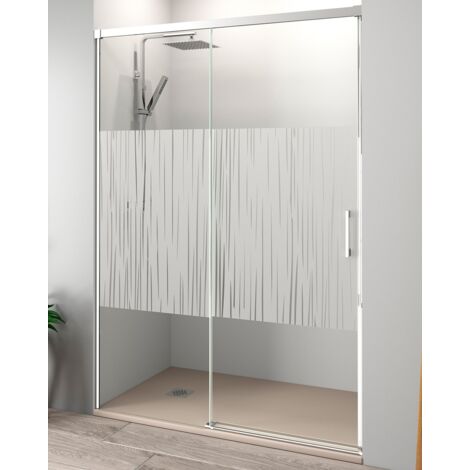 Mampara Ducha Frontal 1 puerta 1 fijo Corredera  Vidrio Templado 6mm Antical Serigrafía  Perfil Cromo Brillo 180 cm (Adaptable 174-179cm)