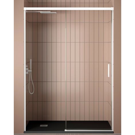 BAÑO TOTAL Mampara Ducha Frontal 1 puerta 1 fijo Corredera Vidrio Templado 6mm Antical Transparente Perfil Blanco Mate 100 cm (Adaptable 95-99cm)